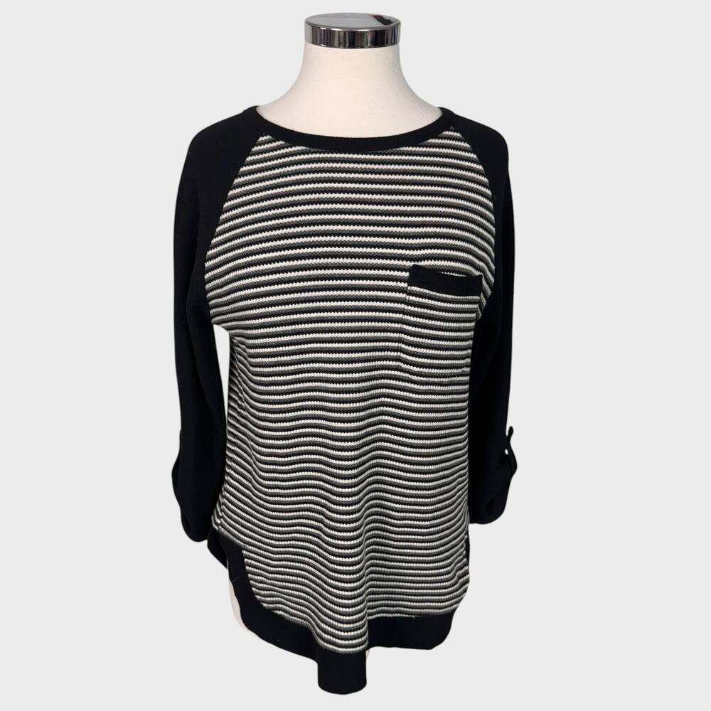 Doe & Rae Small Waffle Knit Black Gray Striped 3/4 Sleeve Top Breast Pocket